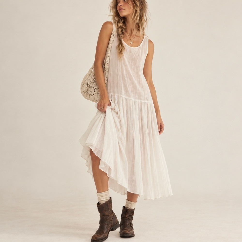 Vintage Midi Dress Drop Waist Pleated White Sleeveless Sheer Cottage Bridal 70s